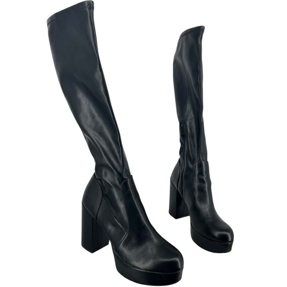 Womens Black Madden Girl Strive Sleek Tall Chunky Block Heel Platform Boots 8.5M